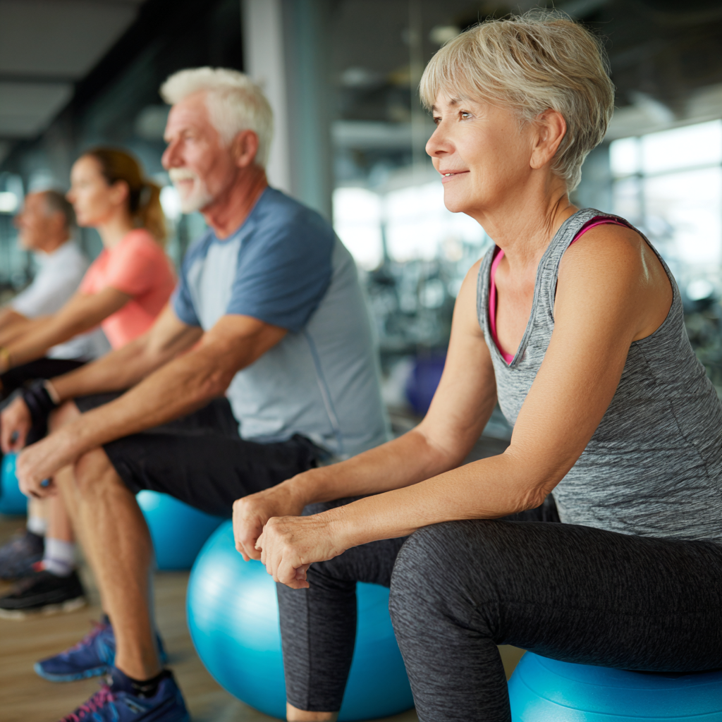 Middle-aged adults in comfortable fitness environment focused on stability exercises