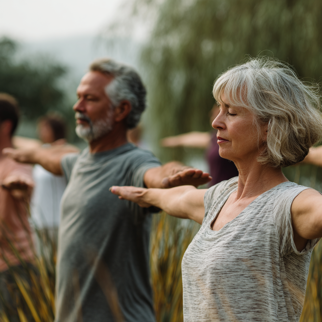 Older adults practicing gentle movement exercises in a calm natural setting